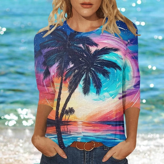 LYEAA YEAA Women 2025 Summer Escape 3/4 Sleeve Blouse Round Neck Vacation Top Tropical Print Resort Style Loose Fit Beach Party Casual Cotton Shirt Multicolor M