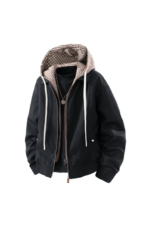 Zip up Jacket Men Fake Two Piece Checkered Splicing Drawstring Hoodie Long Sleeved Outwear Coat
