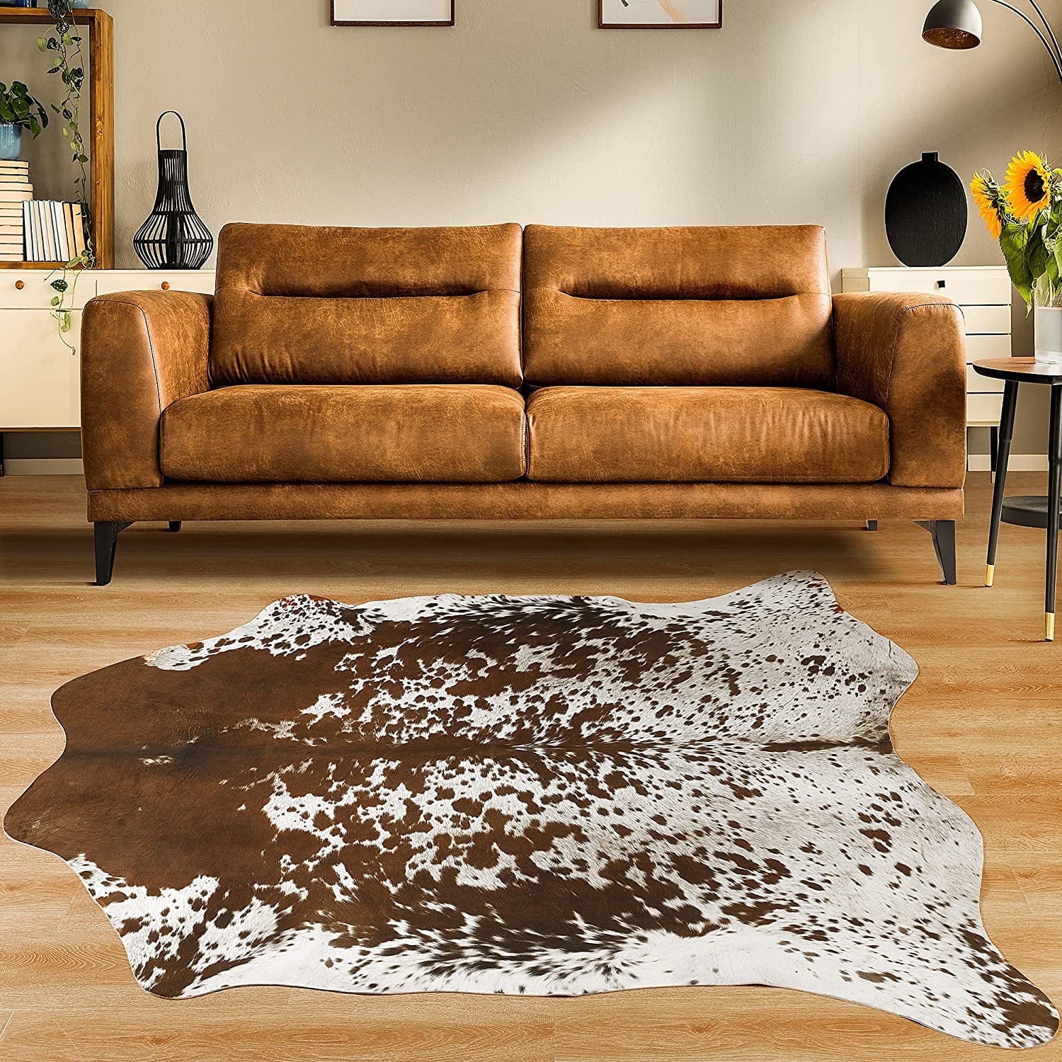 LYENDOS Cowhide rug 4.6 x 5.2 Feet,Cow hide rug Durable No-Slip Backing ...