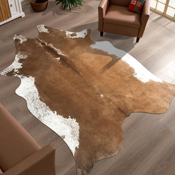 LYENDOS Cowhide rug 4.6 x 5.2 Feet,Cow hide rug Durable No-Slip Backing,Faux cowhide rug Thickened Elastic,for Bedroom Living Room Home Office Western Decor