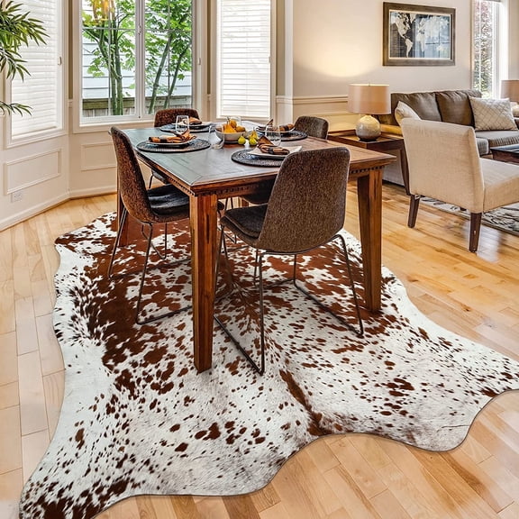 LYENDOS Cowhide rug 6.2 x 7 Feet,Cow hide rug Durable No-Slip Backing,Faux cowhide rug Thickened Elastic,for Bedroom Living Room Home Office Western Decor