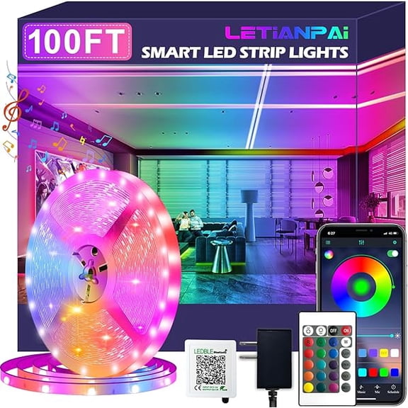 LYH 100ft Led Strip Lights,Long Smart Led Light Strips Music Sync 5050 RGB Color Changing Rope Lights,Bluetooth APP/IR Remote/Switch Box Control Led Lights for Bedroom,Home Decoration,Party,Festival