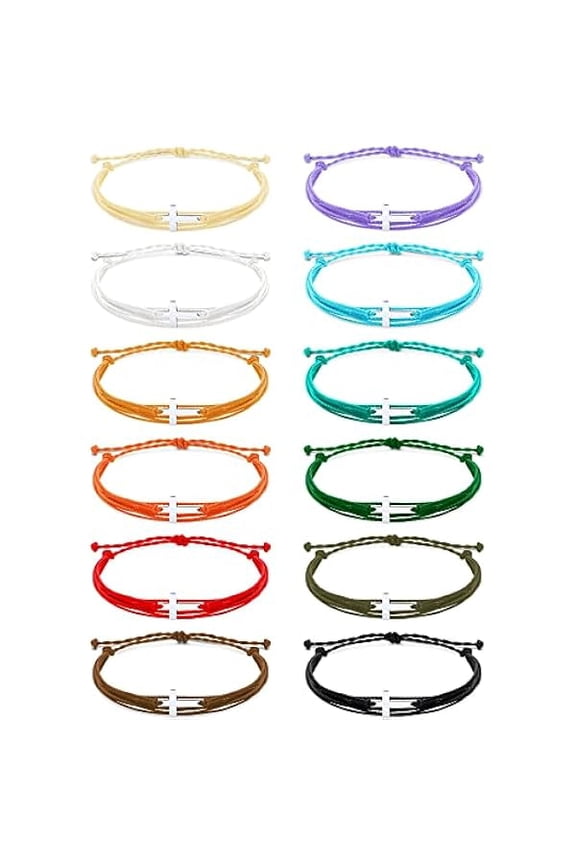 48 Pcs Cross Bracelet Bulk Christian Prizes Handmade Braided Religious Bracelet Adjustable Rope String for Women Men