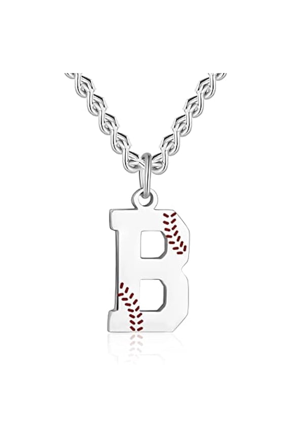 Baseball Initial A-Z Letter Necklace - Men's Baseball Charm Pendant in Stainless Steel Silver Chain, 22inch Personalized Gift