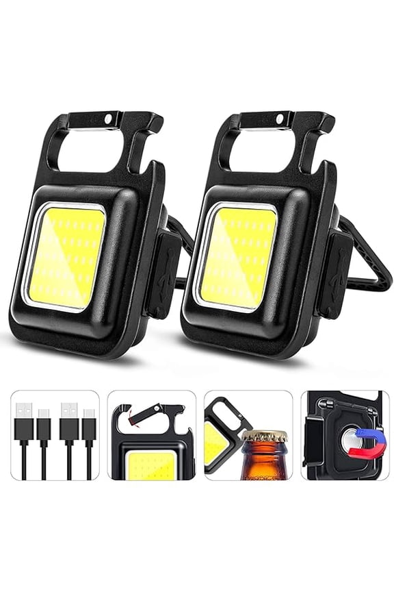 COB Rechargeable Keychain Flashlight 2Pack, High Lumen Super Bright LED Work Light with Magnet,Clip,Bottle Opener for Dog Walking,Car Repair, Emergency,Camping,EDC