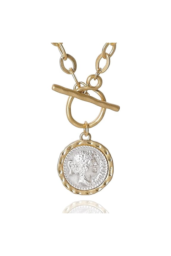 Chunky Gold Coin Necklace for Women Silver and Gold Chain Pendant Necklaces 18 Inch Antique Toggle Thick Link Fashion Jewelry Gift for Women