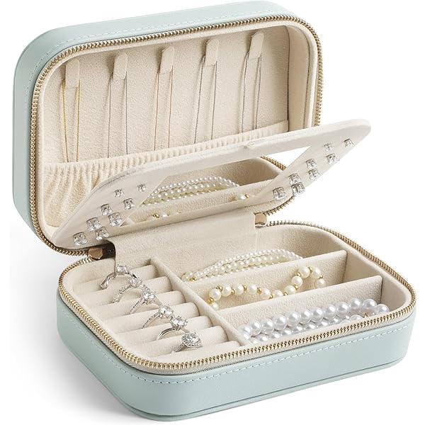 LYH Genuine Leather Travel Jewelry Organizer Case with Mirror for Women, Small Mini Portable Jewelry Box for Ring Earrings Necklace Bracelet Luxury Gift for Women（Cyan）