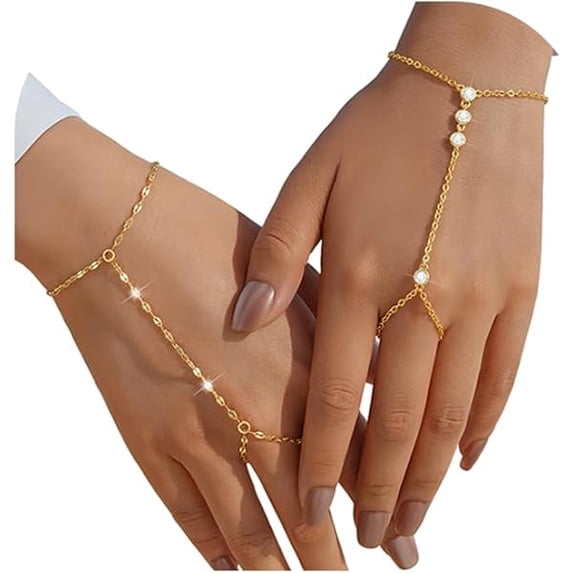 LYH Gold Hand Chain Bracelets for Women, 2 Pcs 14k Gold Plated Cubic Zirconia Link Chain Bracelet Set, Trendy ring bracelet hand chain Jewelry for Her
