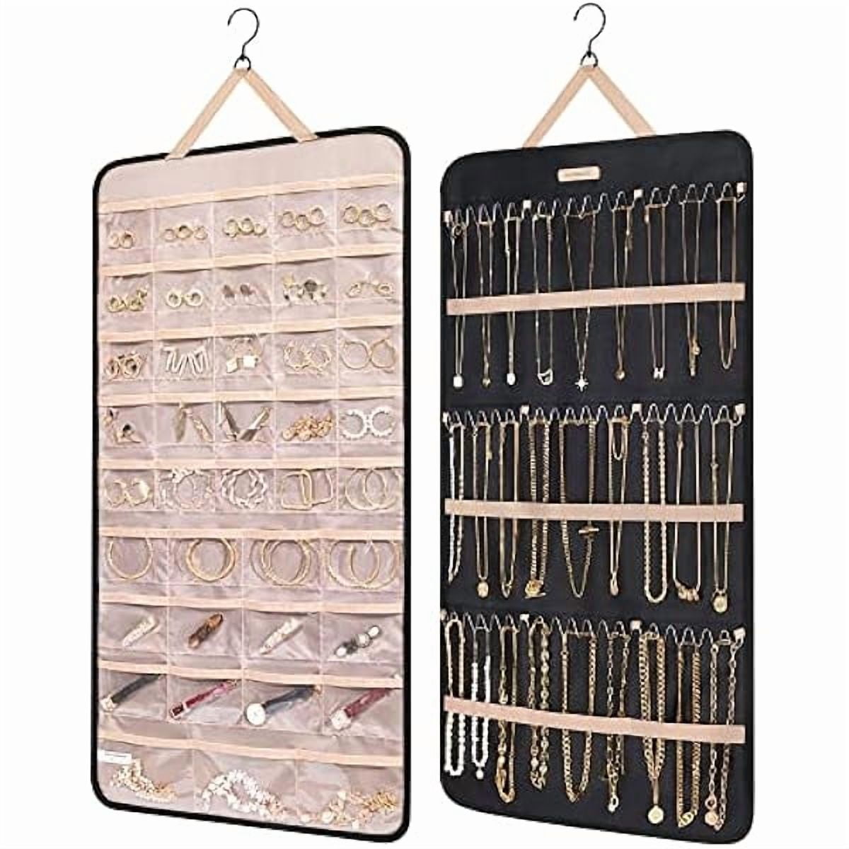 LYH Hanging Jewelry Organizer Storage Roll with Hanger Metal Hooks Double-Sided Jewelry Holder for Earrings, Necklaces, Rings on Closet, Wall, Door, 1 piece, Extra Large, Black
