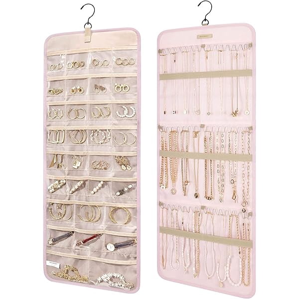 LYH Hanging Jewelry Organizer Storage Roll with Hanger Metal Hooks Double-Sided Jewelry Holder for Earrings, Necklaces, Rings on Closet, Wall, Door, 1 piece, Large, Pink