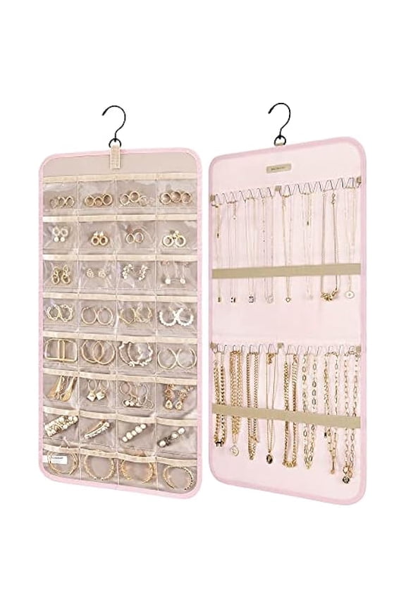 Hanging Jewelry Organizer Storage Roll with Hanger Metal Hooks Double-Sided Jewelry Holder for Earrings, Necklaces, Rings on Closet, Wall, Door, 1 piece, Medium, Pink