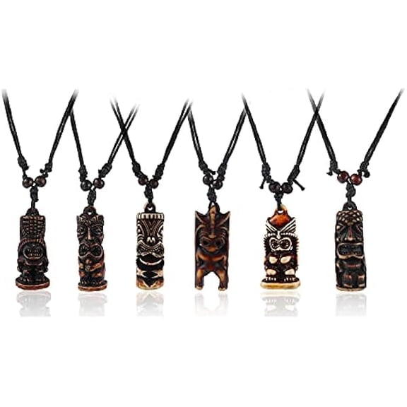 LYH Hawaiian Tiki Resin Protection Amulet Lucky Pendant Necklace Cute Caved Satue Adjustable Rope Chain Handmade Vintage Jewelry for Mens Women-6pcs brown