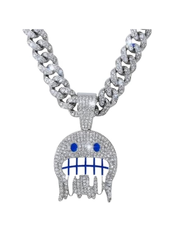 Iced Out Miami Cuban Link Chain with Emoji Pendant | Hip Hop Bling Necklace for Men & Women | Gold/Silver Plated with Full Rhinestones | Rapper Style Jewelry for Party