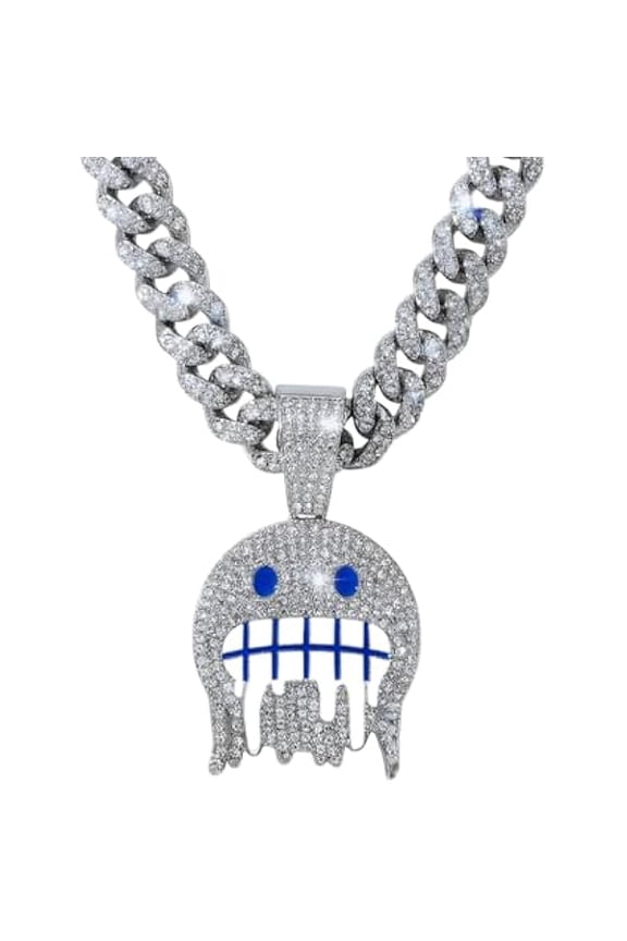 Iced Out Miami Cuban Link Chain with Emoji Pendant | Hip Hop Bling Necklace for Men & Women | Gold/Silver Plated with Full Rhinestones | Rapper Style Jewelry for Party