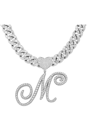 Initial Necklaces Silver Cuban Link Chain for Women Iced Out Chain with Heart Letter Pendants Custom Chain Name Necklace Hip Hop Jewelry Gift