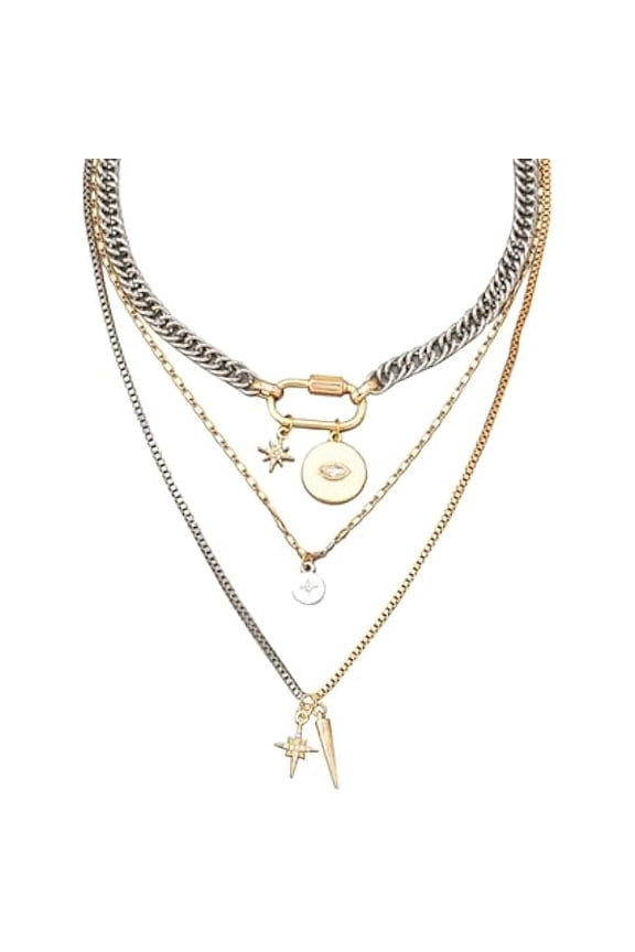 Layered Necklaces for Women, Mixed Metal Silver and Gold Necklace Stack, 3 Pcs Stackable Two Tone Choker with Chunky Paperclip Chain Evil Eye & Star Pendant, Trendy Statement Jewelry Gift Set