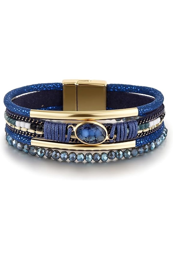 Leather Wrap Bracelet for Women, Boho Handmade Multi-Layer Cuff with Crystal Beads Heart, Stackable Bangle Western Jewelry Gift