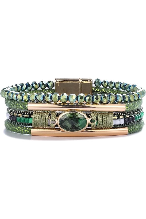 Leather Wrap Bracelets Crystal Beads Bracelet Boho Cuff Stone Charm Bracelets with Clasp Costume Jewelry for Women