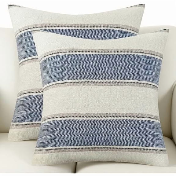 LYH Pack of 2 Farmhouse Linen Throw Pillow Cover Cushion Stripe Decoration Buffalo Retro Pillowcase with Hidden Zipper for Sofa Bedroom Car 20 x 20 Inch Blue