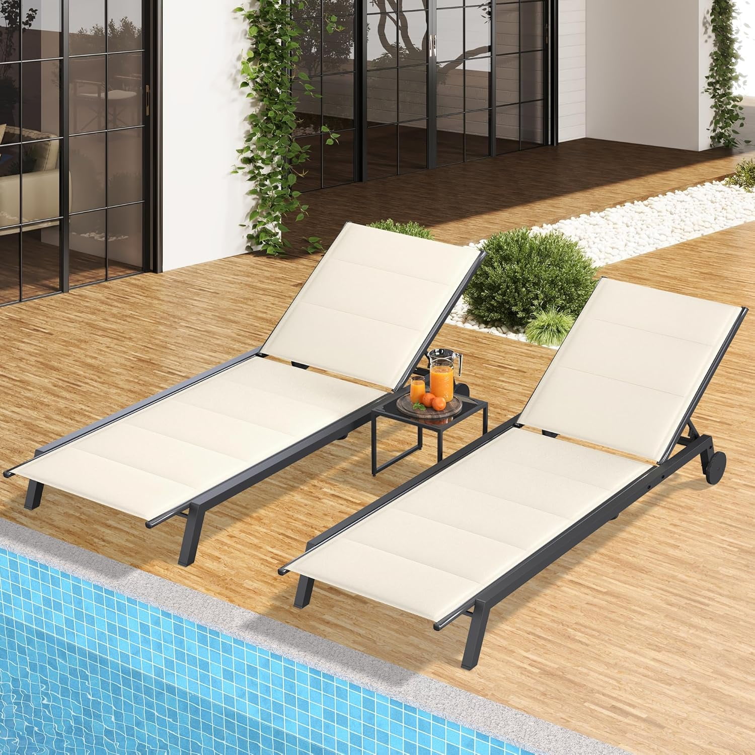 LYH Patio Chaise Lounge Set of 3, Outdoor Lounge Chairs with Side Table ...