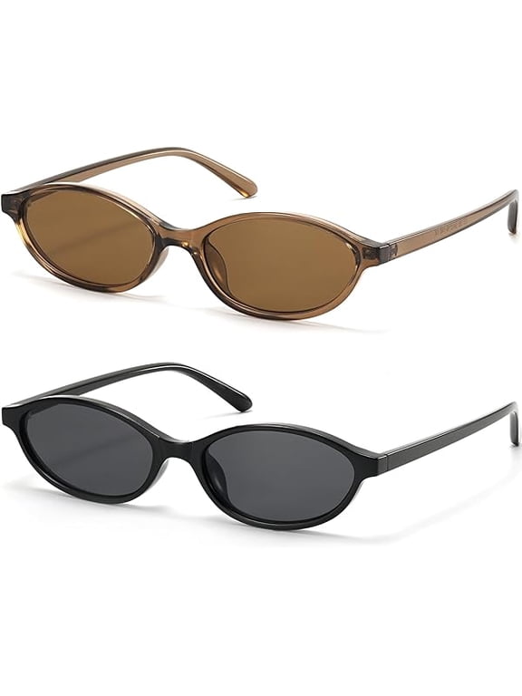 Retro Oval Cat Eye Sunglasses for Women Small Y2K Thin Narrow 100% UV Protection Lightweight Vintage 90s Sun Glasses