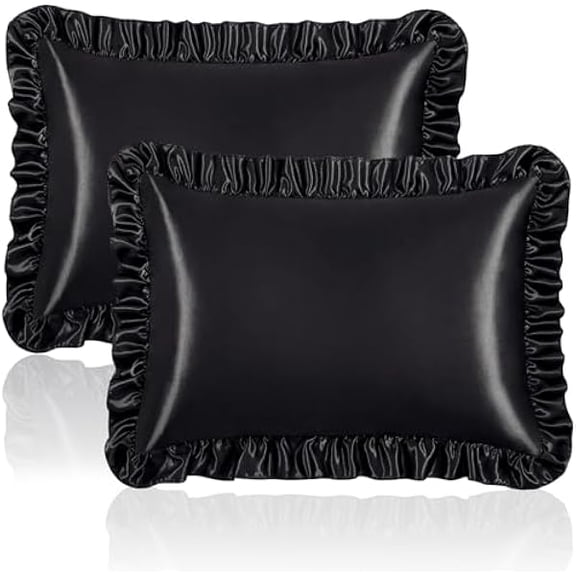 LYH Ruffle Satin Pillowcase for Hair and Skin, Standard Size Satin Pillow Covers Silky Pillow Cases Set of 2, Satin Ruffled Pillowcase with Envelope Closure, Anti Wrinkle Pillow Shams (Black)