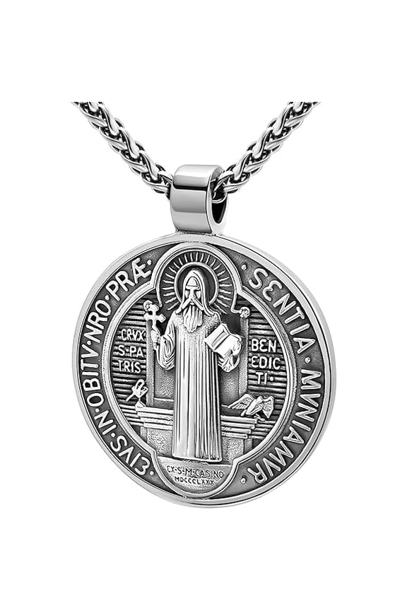 St Benedict Necklace for Men Women, 18K Gold Plated/Black Metal/Stainless Steel Saint Benedict Medal Cross Pendant Religious Catholic Amulet with Gift Box, Diameter 2/3/4CM Option