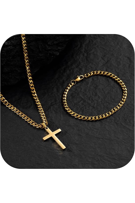 Stainless Steel Cross Necklace and Bracelet Set for Men, Cuban Link/Wheat/Figaro/Box Chains 20" Length, Bracelet 7 1/2" and 8" Length, No Tarnish & Durable Mens Religious Gift