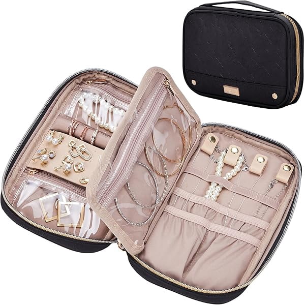 LYH Travel Jewelry Case, Holiday Organizer for Necklaces, Earrings, Rings, Bracelets, Watch, Black