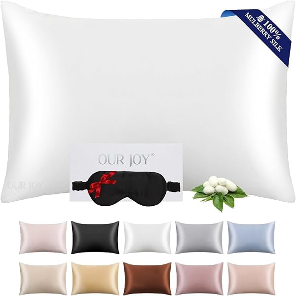 LYH100% Mulberry Silk Pillowcase 22 Momme (SGS Certified) with Free Silk Eye Mask - Luxury Gift-Ready Folded Packaging, Cooling Pillow Cover for Hair & Skin Care (White, Standard (1 Pack))