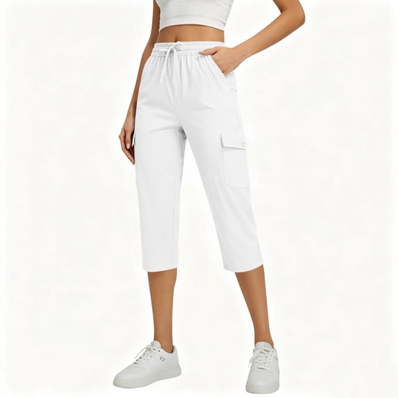 LYHBC Womens Capri Pants Drawstring Elastic Waist Casual Lightweight Workout Cropped Cargo Pants with Multi Pockets