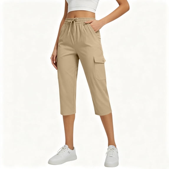 LYHBC Womens Capri Pants Drawstring Elastic Waist Casual Lightweight Workout Cropped Cargo Pants with Multi Pockets