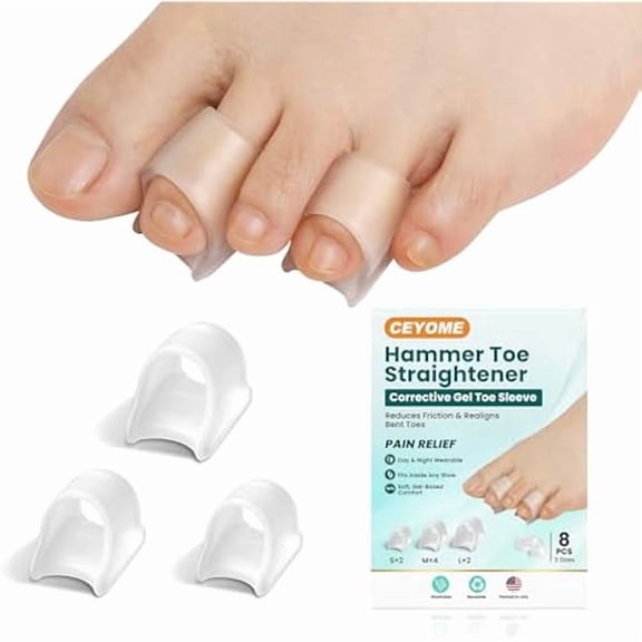 LYHHammer Toe Straighteners for Women & Men 8 Pack Gel Toe Splints for Bent, Claw & Curled Toes Toe Corrector Supports Alignment for Daily Walking & Standing Includes 3 Sizes (S/M/L)