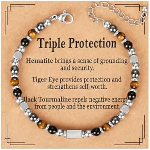 LYHNatural Healing Crystal Bracelet for Women, Triple Protection Anxiety Relief New Beginnings Good Luck Empath Protection Jewelry Gift for Friends Daughter Mom 6.5+1.8 Inches