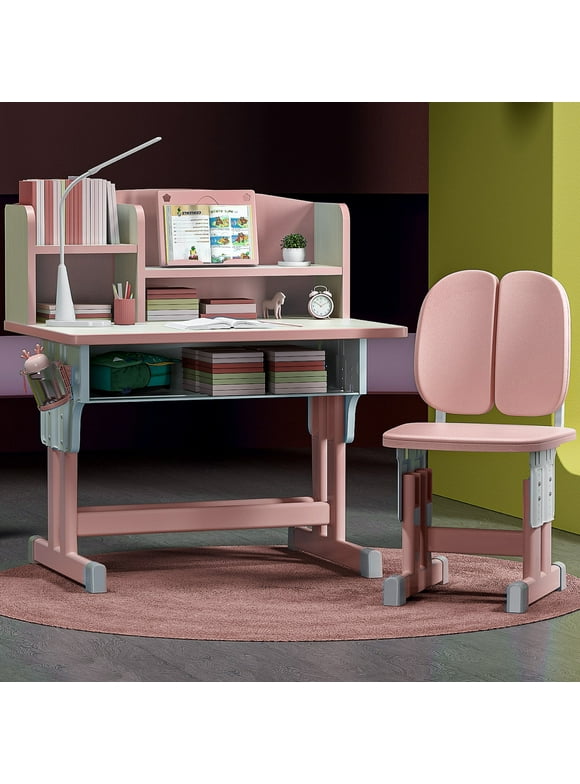 LYHOE Kids Desk and Chair Set Height Adjustable, Computer Office Desk School Writing Workstation with LED Light Pink Desk and Chair 31.5"