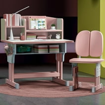 LYHOE Kids Desk and Chair Set Height Adjustable, School Student's Table Computer Office Desk Writing Workstation with LED Light, Bookstand (Pink)