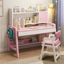 LYHOE Kids Study Desk and Chair Set Adjustable Height, All Solid Wooden Children Bedroom Furniture, Pink Kids Table Chair Set with Shelves, Drawer, School Student's Table Office Computer Workstation