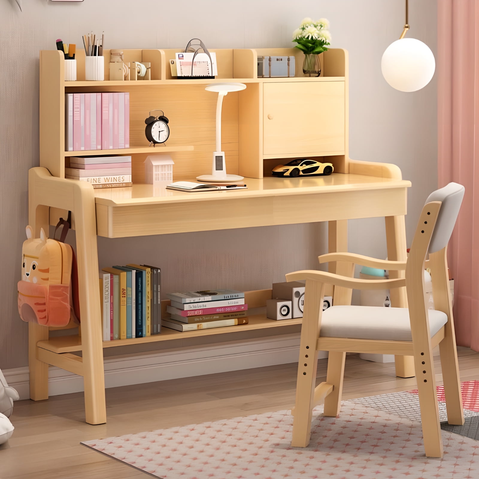 LYHOE Kids Study Desk and Chair Set Adjustable Height All Solid Wooden Children Bedroom Furniture Pink Kids Table Chair Set with Shelves Drawer