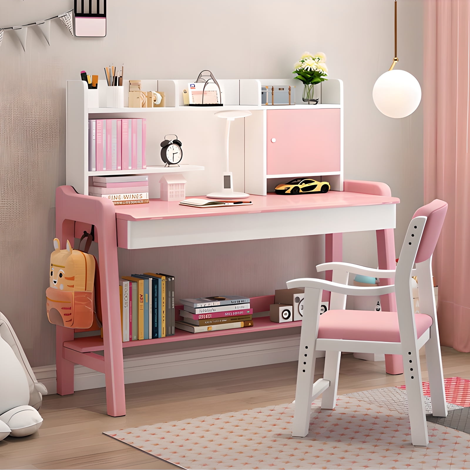 LYHOE Wooden Kids Study Desk Chair Set with Storage Adjustable Height Pink Children Work Reading Station Walmart