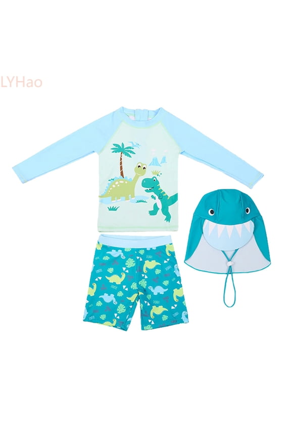 Baby Boys 3pcs Rash Guard Swimsuits UPF50+ Toddler Long Sleeve Cartoon Sunsuit Swimwear Sets Bathing Suit With Hat,Swimwear Sets 3-4 Years Blue
