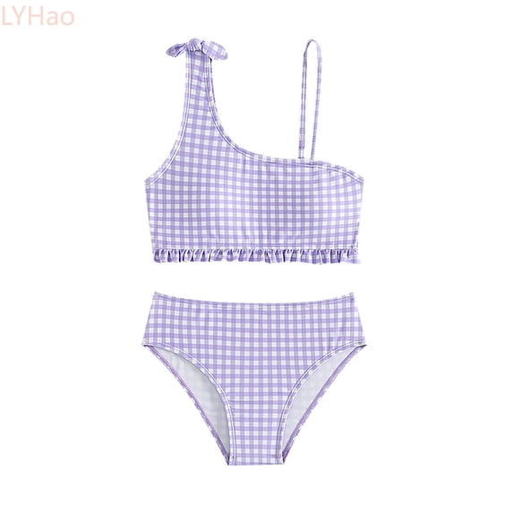 LYHao Bikini Sets For Girls Purple Plaid Bikini Kids Bathing Suits 2 Piece Swimsuit,Two-Piece Swimwear 5-6 Years Purple