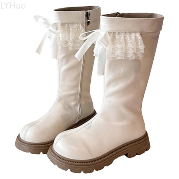 LYHao Elegant Girls Long Boots With Lace Trim And Bow Detail For Fashionable Childrens Footwear Comfortable Durable Sole Ideal For School Party And Daily Wear ,Girls Boots Sizes 9.5 Beige(3-4 Years)