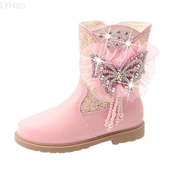 LYHao Elegant Girls Winter Boot With Cozy Fleece And Ribbon Bow Stylish Short Boot For Autumn And Winter Kids Footwear ,Girls Boots Sizes 13.5 Pink(8-9 Years)