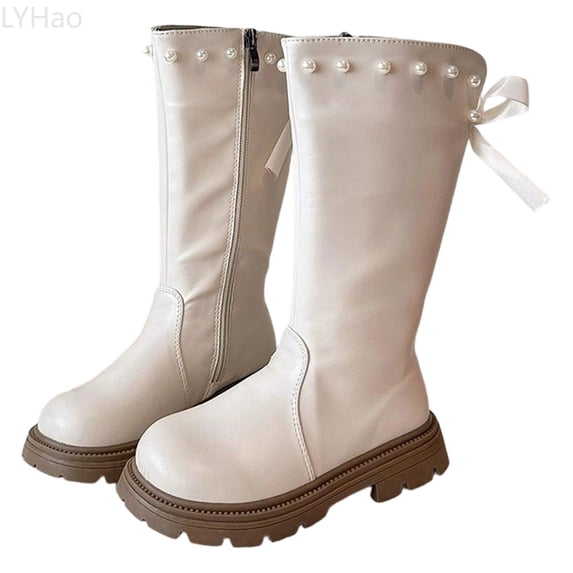 LYHao Elegant Pearl Bow Detail Faux Lined Winter Ankle Boots For Girls Sole Comfortable Casual Footwear ,Girls Boots Sizes 9.5 Beige(3-4 Years)