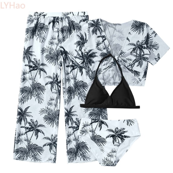 LYHao Girl's 4 Piece Swimsuits Tropical Print Halter Bikini Set Bathing Suits With Mesh Pants,4 Piece Bathing Suit Set 9-10 Years Black