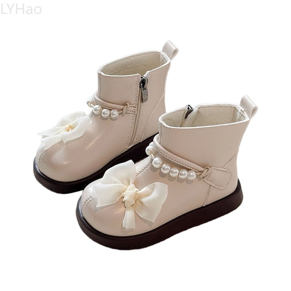LYHao Girls Boots With Side Zipper Chiffon Bowknot And Pearl Stylish Shoes For Autumn ,Girls Boots Sizes 9 White(2.5-3 Years)