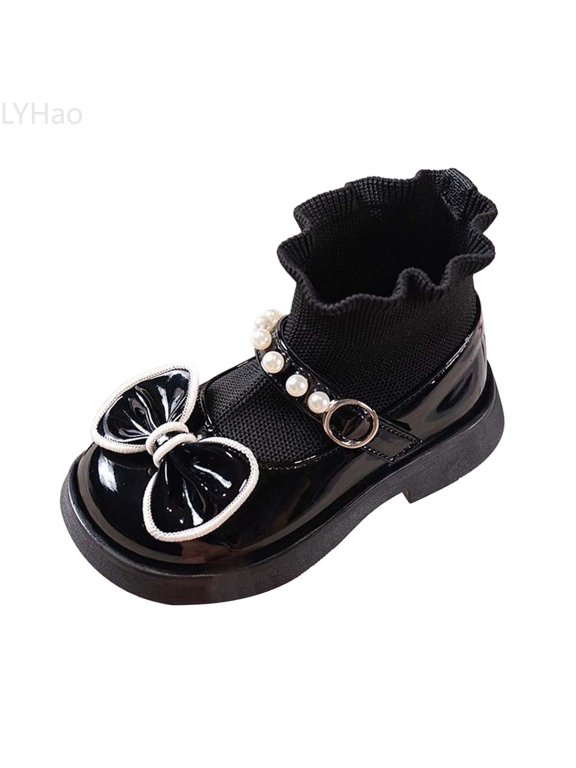 Girls' Bow Pearl Short Boots For Kids Cozy Lined Ballet Style Slip On Winter Footwear For Girls ,Girls Boots Sizes 13.5 Black(8-9 Years)