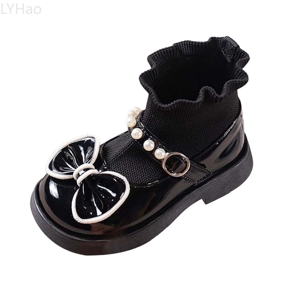 LYHao Girls' Bow Pearl Short Boots For Kids Cozy Lined Ballet Style Slip On Winter Footwear For Girls ,Girls Boots Sizes 7 Black(18-24 Months)