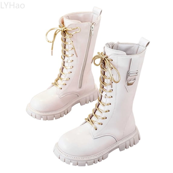 LYHao Girls Combat Boots Knee High Mid Calf Side Zipper Lace Up Classic Kids Winter Boots Teen Girsl Boots ,Girls Boots Sizes 12.5 White(6-7 Years)
