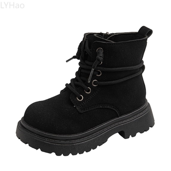 LYHao Girls Fashion Suede Ankle Boots With Side Zipper And Lace Up Design For Autumn And Winter Casual Wear Comfortable Sole ,Girls Boots Sizes 10 Black(3.5-4 Years)